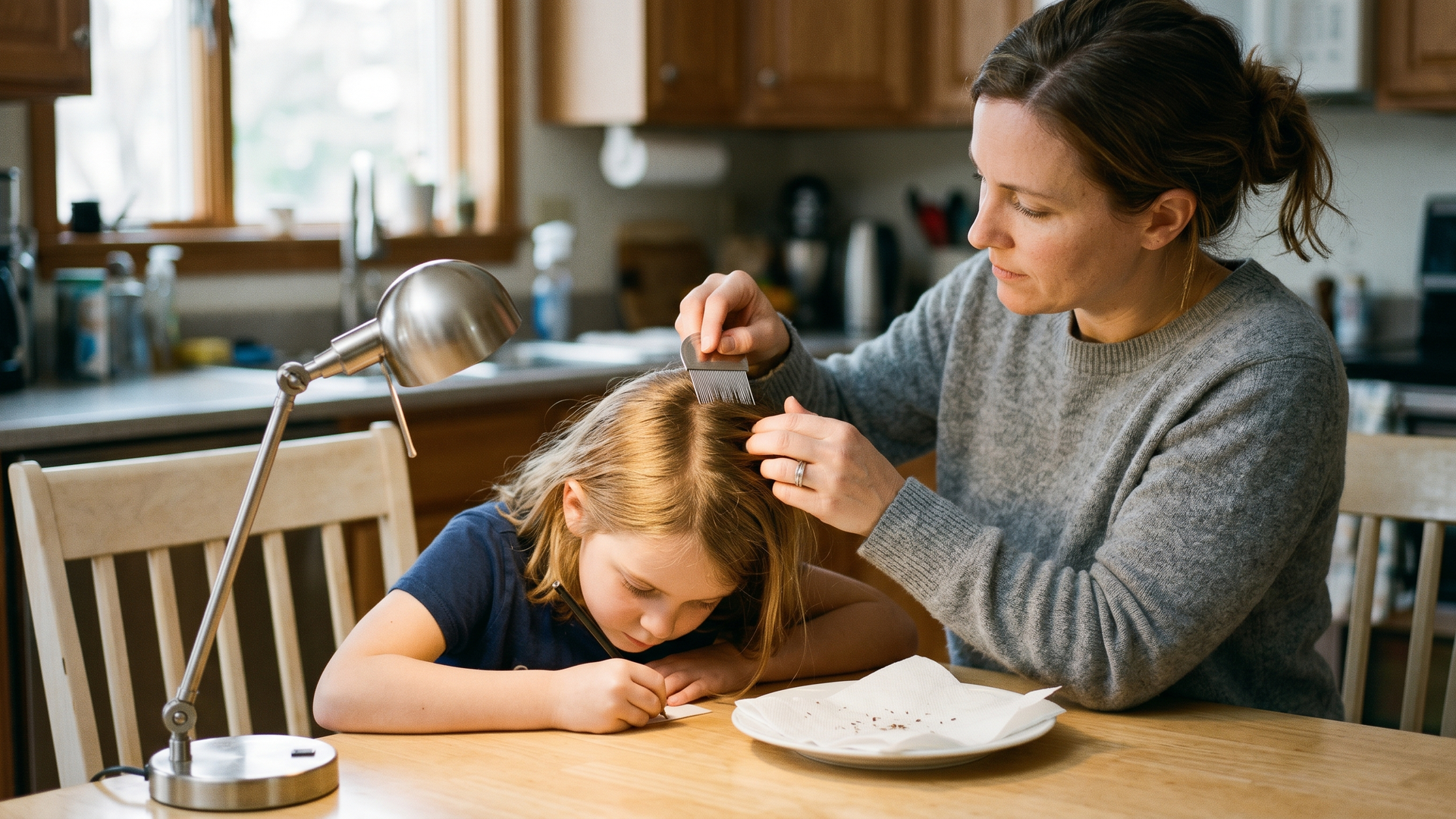 Parent doing a wet-comb head lice check on a child at a kitchen table with a fine-tooth metal nit comb and a white plate for wiping the comb.