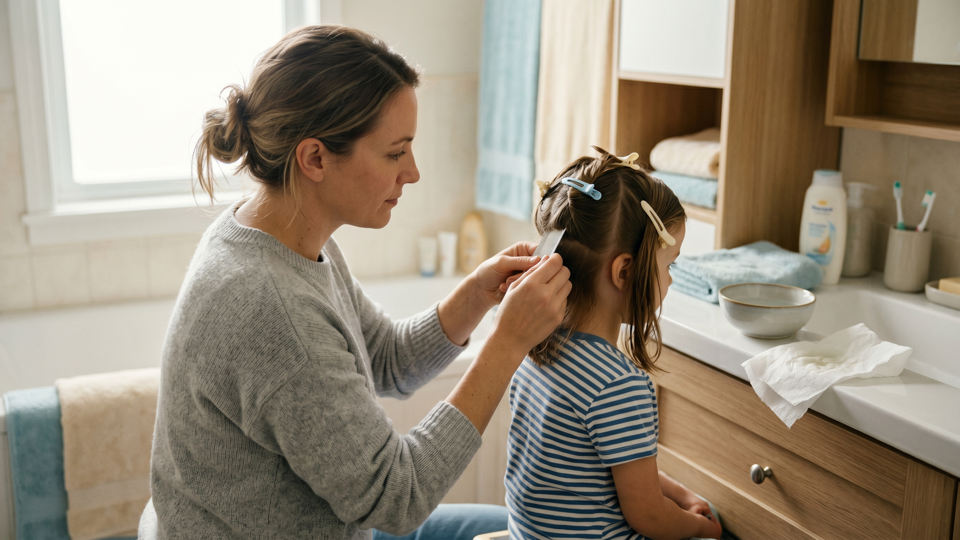 Parent calmly combing through a child's sectioned hair with a fine-toothed metal nit comb in a bright bathroom
