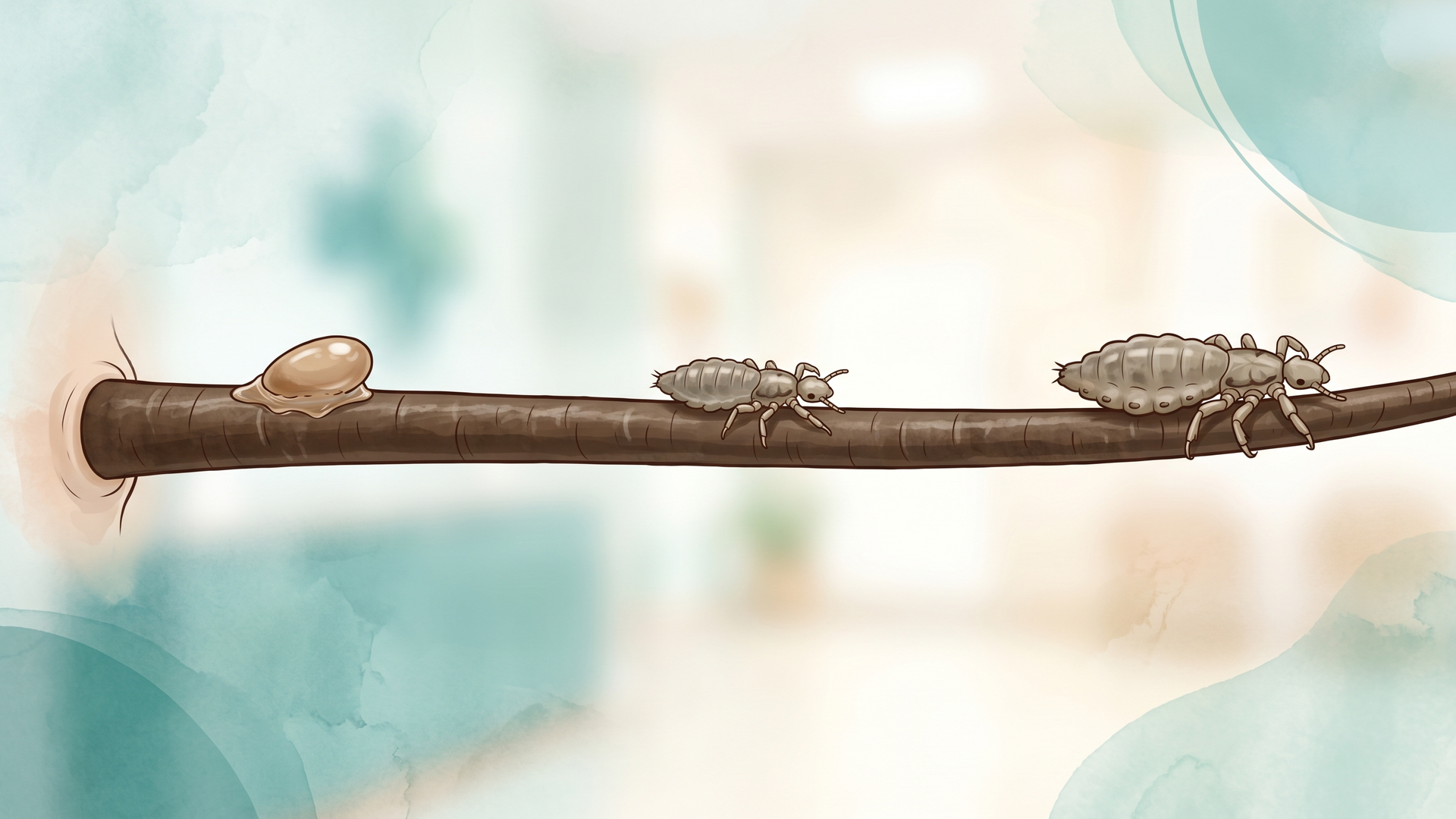 Illustration of the head lice life cycle: nit egg, nymph, and adult louse along a single hair shaft