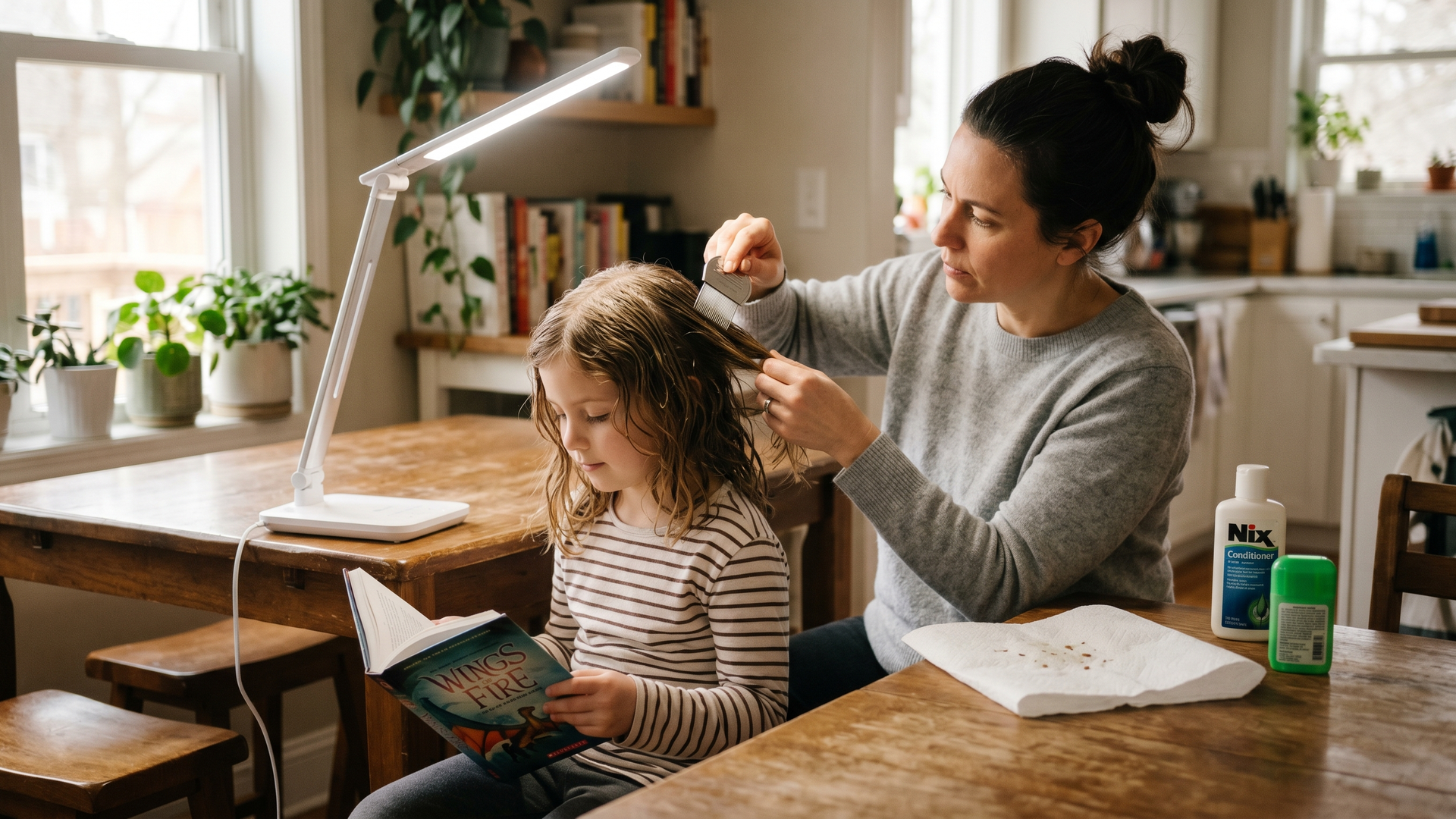 Parent checking a child's hair with a fine-tooth comb during a school break, matching January lice prevention after winter break.