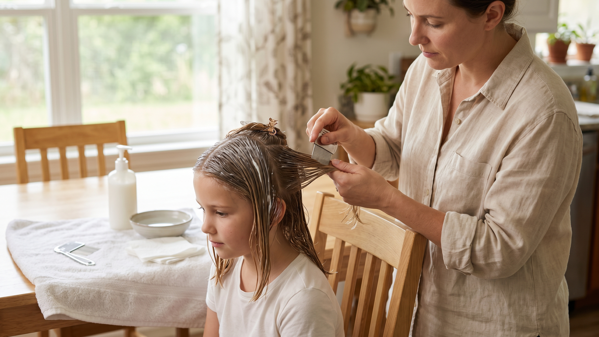 Parent at a kitchen table doing at-home wet combing with a fine-tooth stainless-steel nit comb on a school-aged child whose hair is coated in white conditioner, with a second nit comb on a folded white towel.