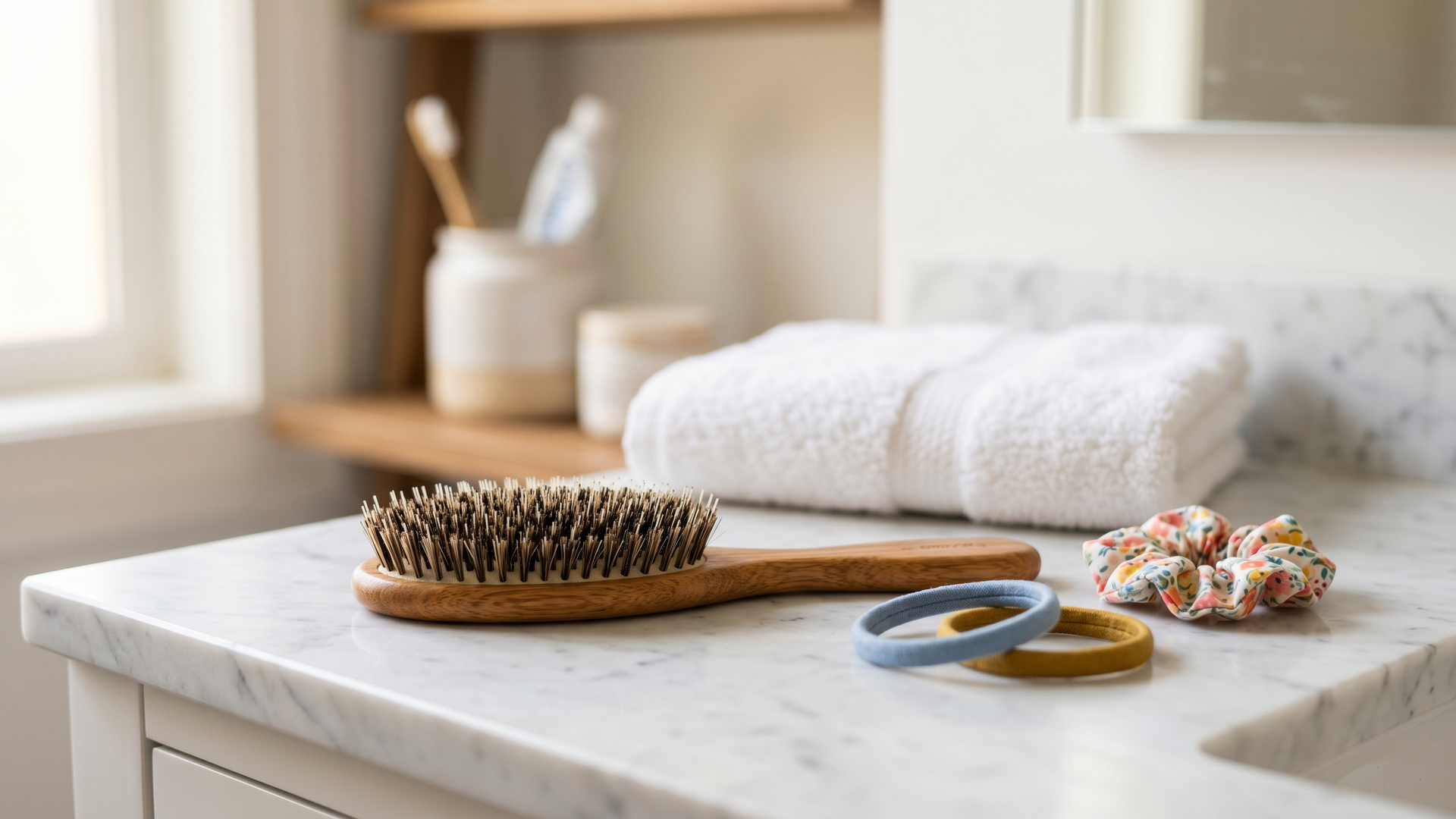Hair brush and hair accessories on a clean bathroom counter, matching questions about whether lice prefer clean or dirty hair.