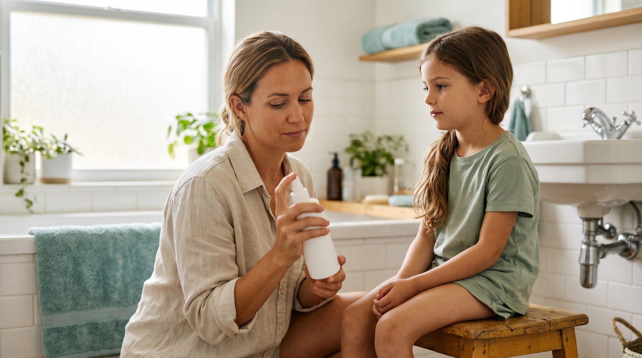 A parent in a soft, bright family bathroom holds an unlabeled white pump spray bottle near a school-age child seated on a wooden stool with long brown hair, looking contemplative in calm natural daylight.