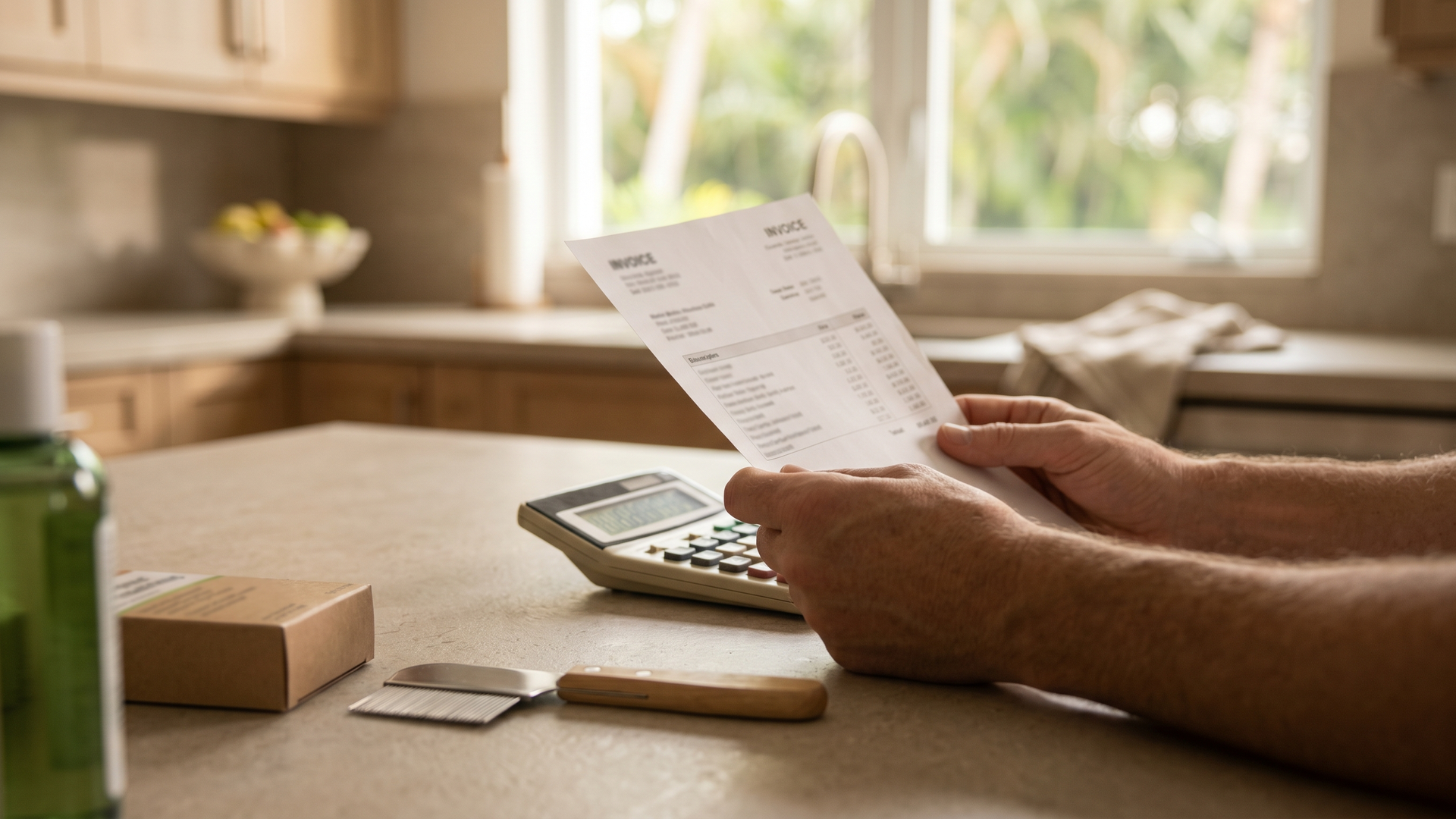 Parent reviewing a receipt and calculator at a kitchen table, representing lice treatment cost planning.