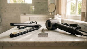 Flat iron, hair dryer, and a fine-tooth metal nit comb resting on a white marble bathroom counter in soft Palm Beach Florida morning light