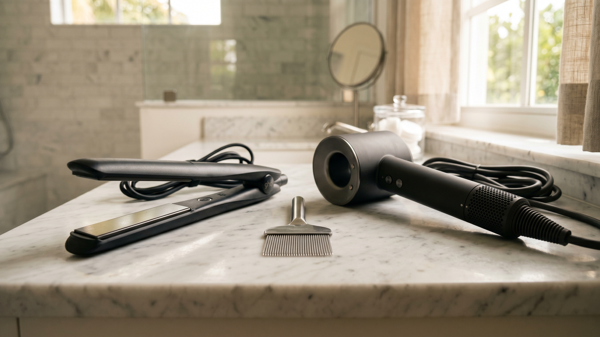 Flat iron, hair dryer, and a fine-tooth metal nit comb resting on a white marble bathroom counter in soft Palm Beach Florida morning light