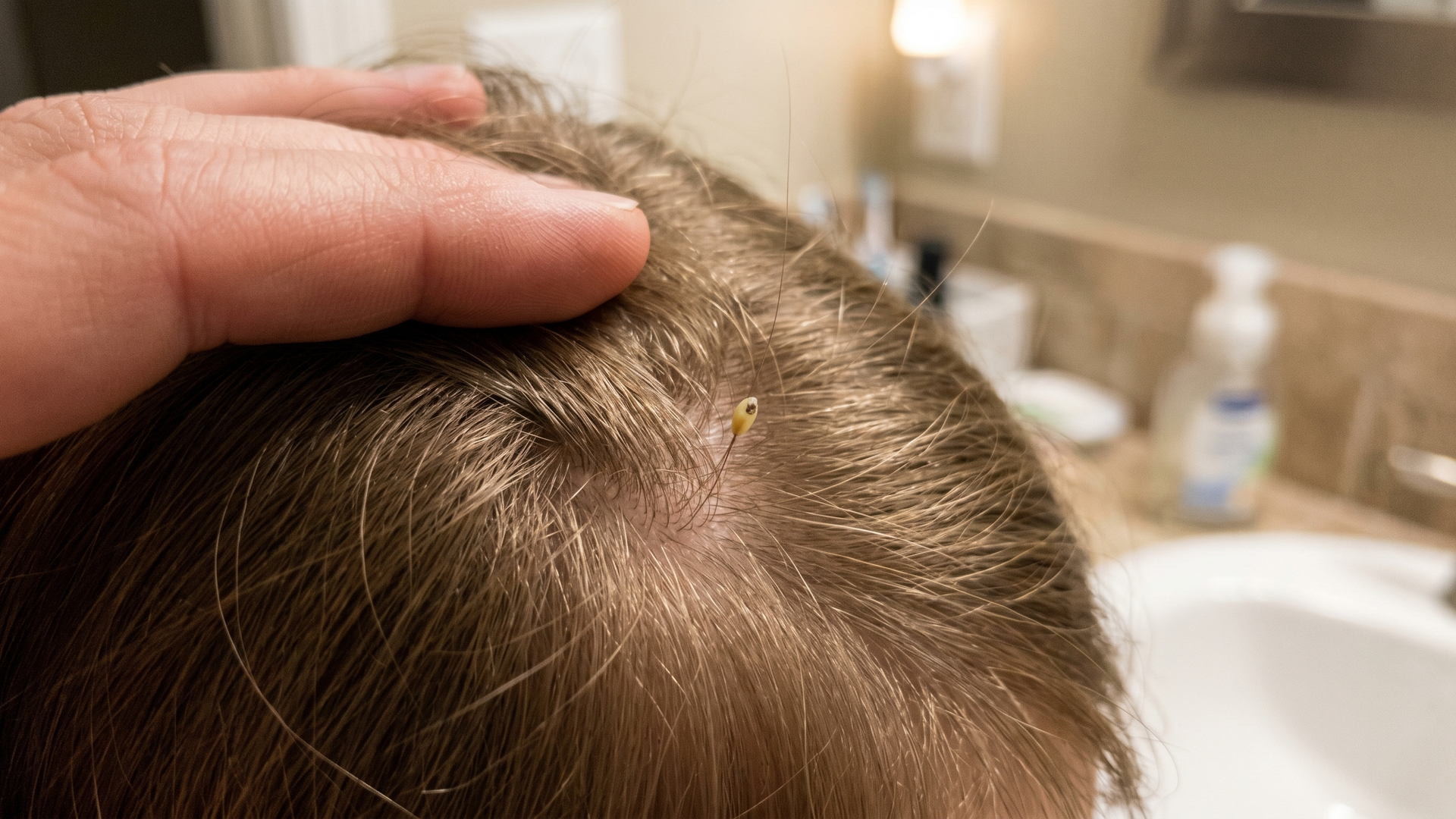 A parent's hand parting a child's hair near the scalp under warm bathroom lighting, with a tiny tan nit visibly cemented to a single hair strand a quarter inch from the scalp.
