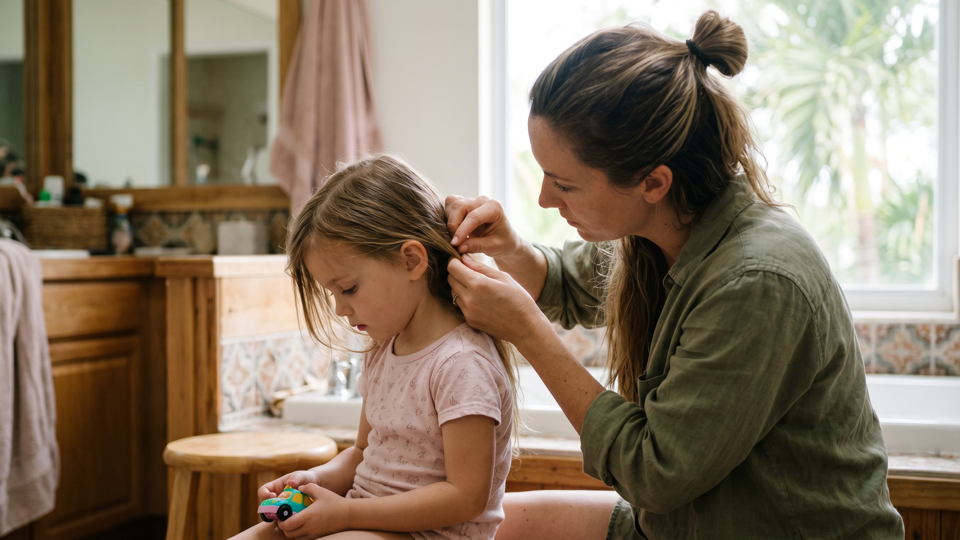 Parent sitting with a child at home during a calm hair check, representing an age-appropriate conversation about head lice.