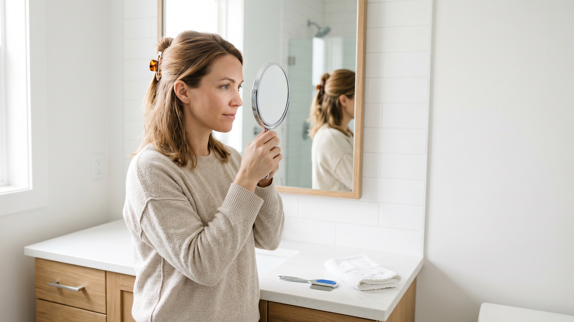 Woman using a handheld mirror to check the back of her own head in a vanity mirror during an at-home solo lice self-check